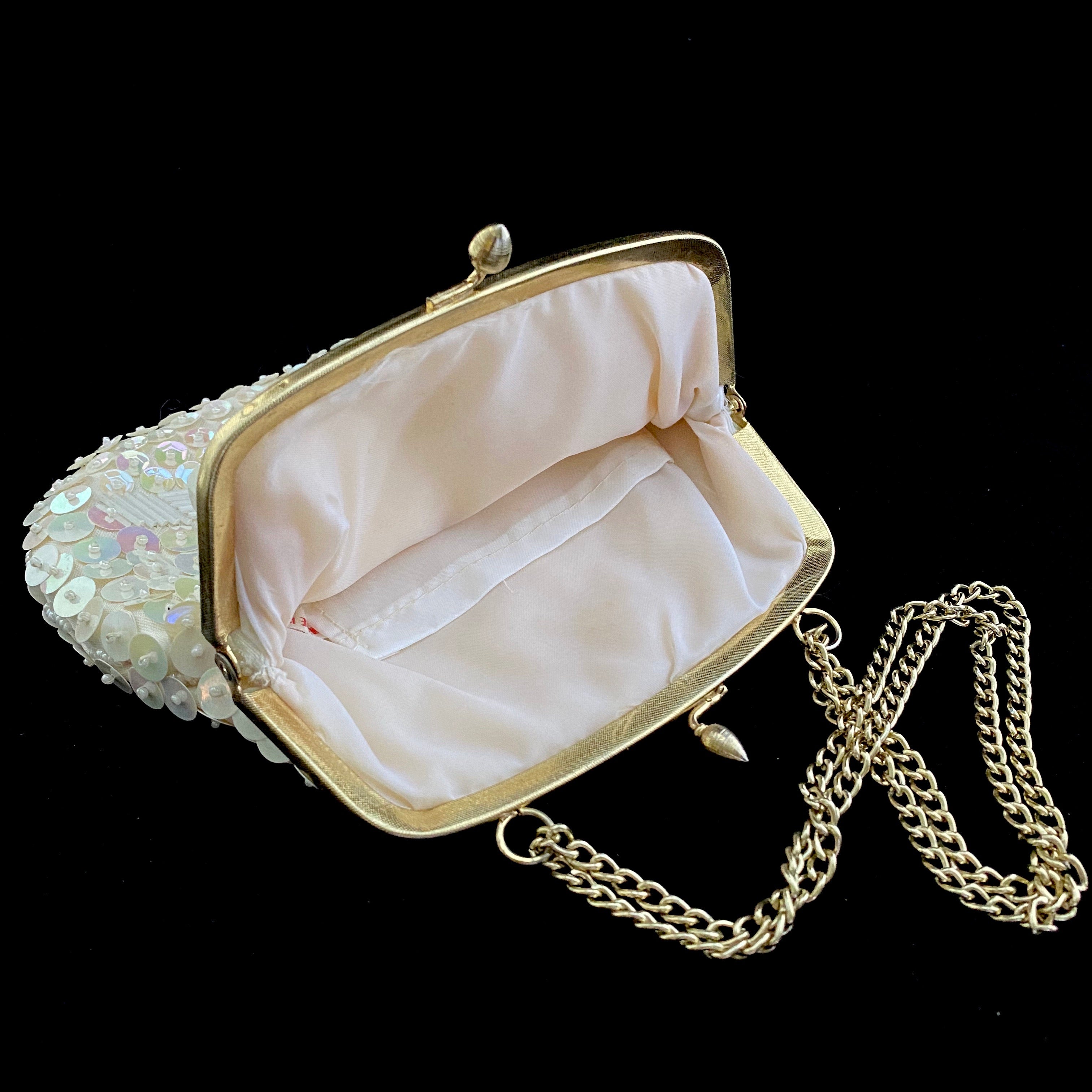 1960s hand made Gold Beaded sequined clutch purse with handle MADE hotsell IN HONG KONG