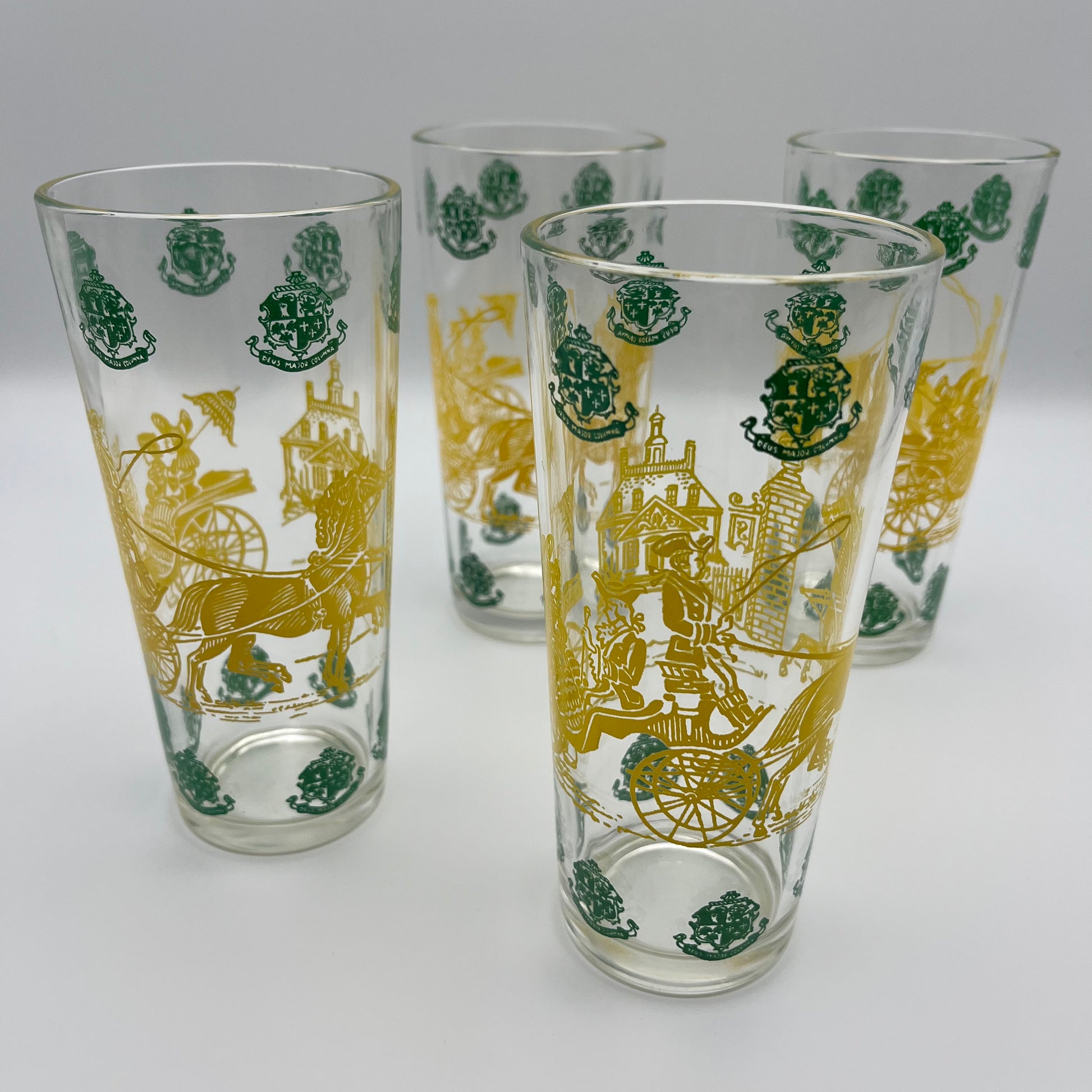 Green Glasses Tumblers White Fern Leaves Vintage Set Of 4