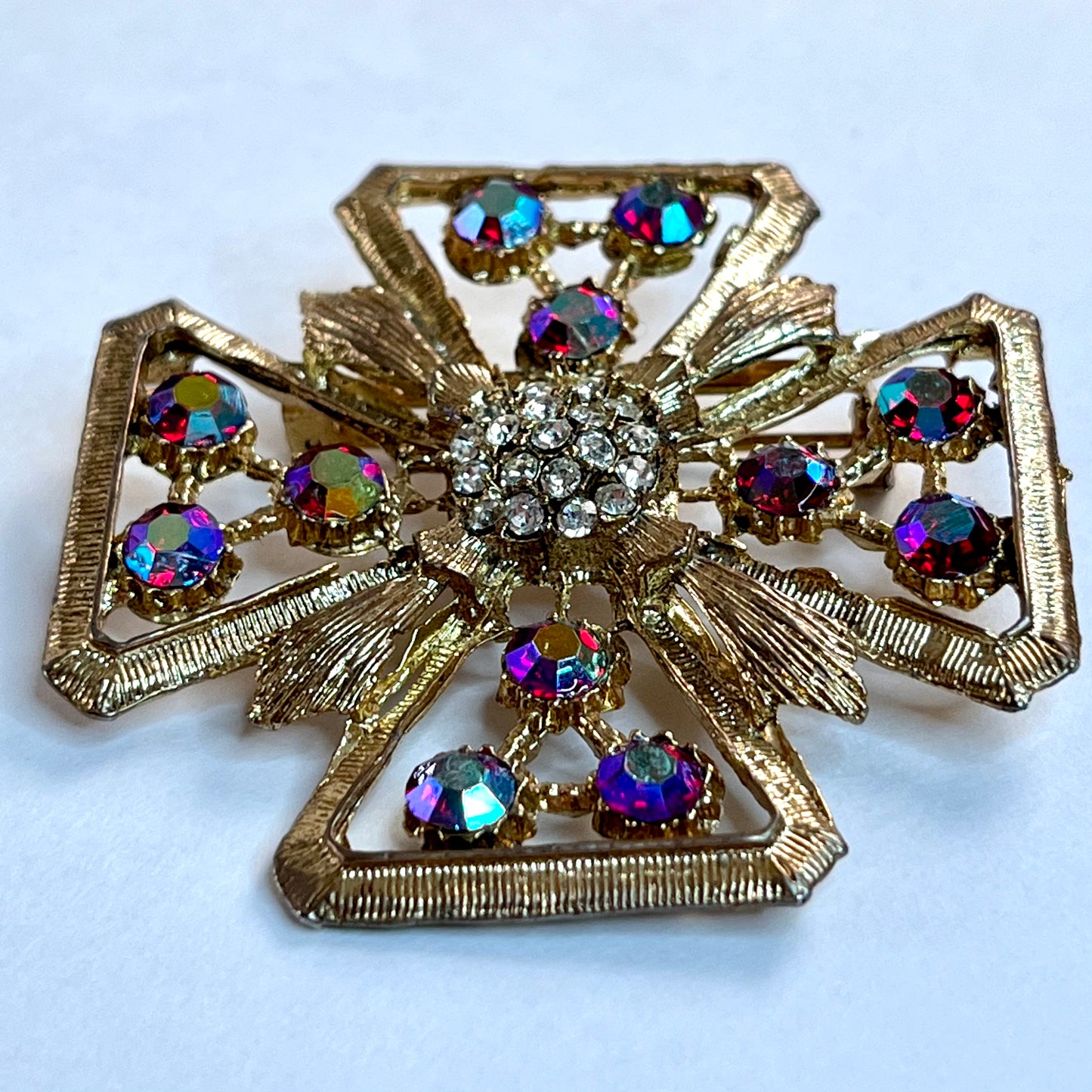 1960s Unsigned Maltese Cross Rhinestone Brooch